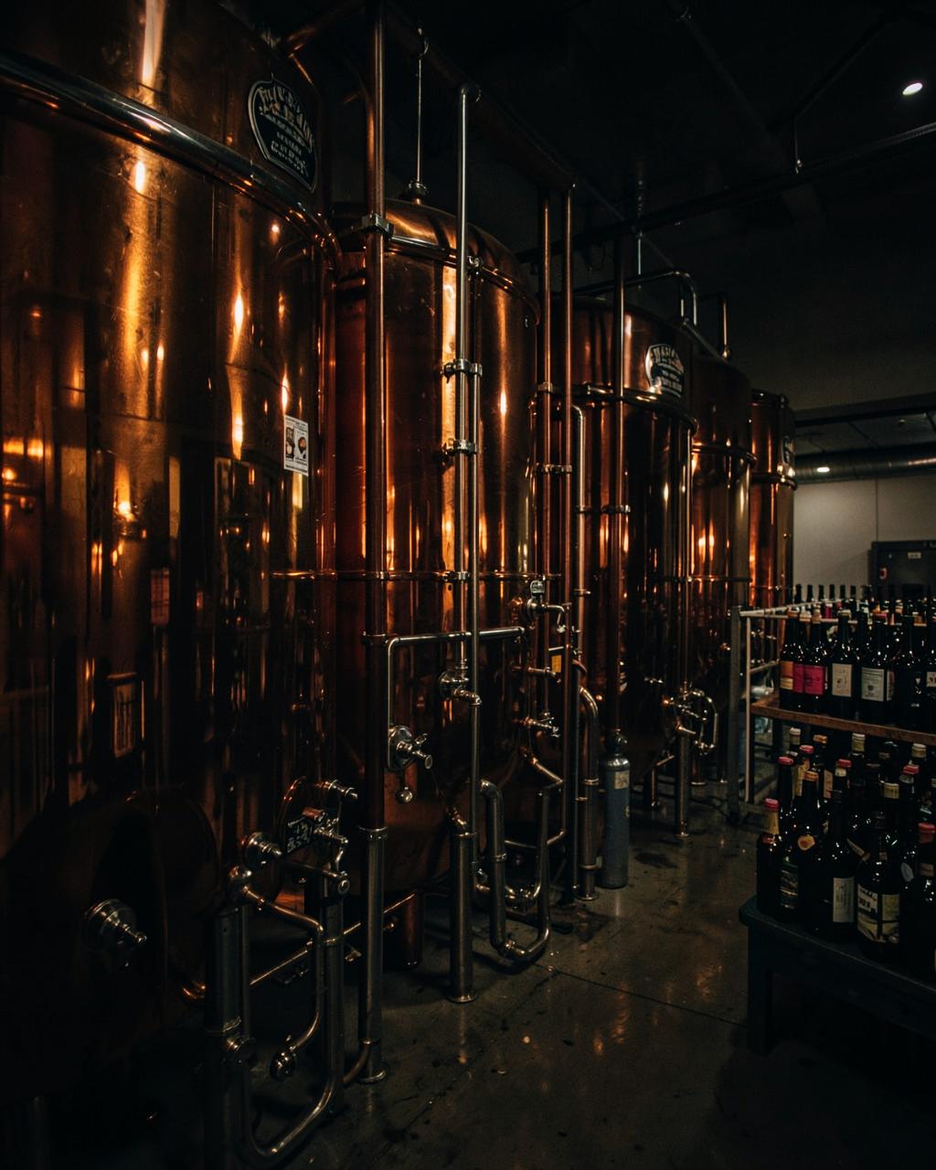 Copper fermentation tanks glowing in the Silver Gulch brewery