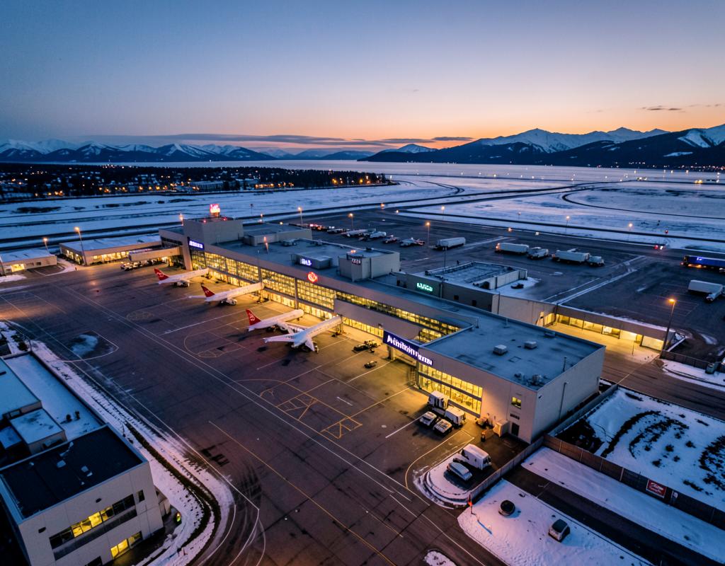 Aerial view of Ted Stevens Anchorage International Airport at dusk